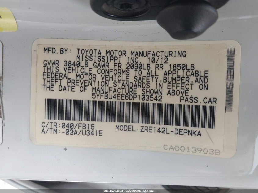 2013 Toyota Corolla VIN 5YFBU4EE6DP103542 IAAI salvage auction — FRONT END, Salvage (Texas), sold $2,200 on 2026-07-06 (photo 9)