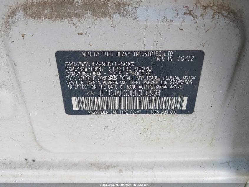 2013 Subaru Impreza VIN JF1GJAC60DH010994 IAAI salvage auction — LEFT REAR, Salvage Title, sold $500 on 2026-07-23 (photo 9)