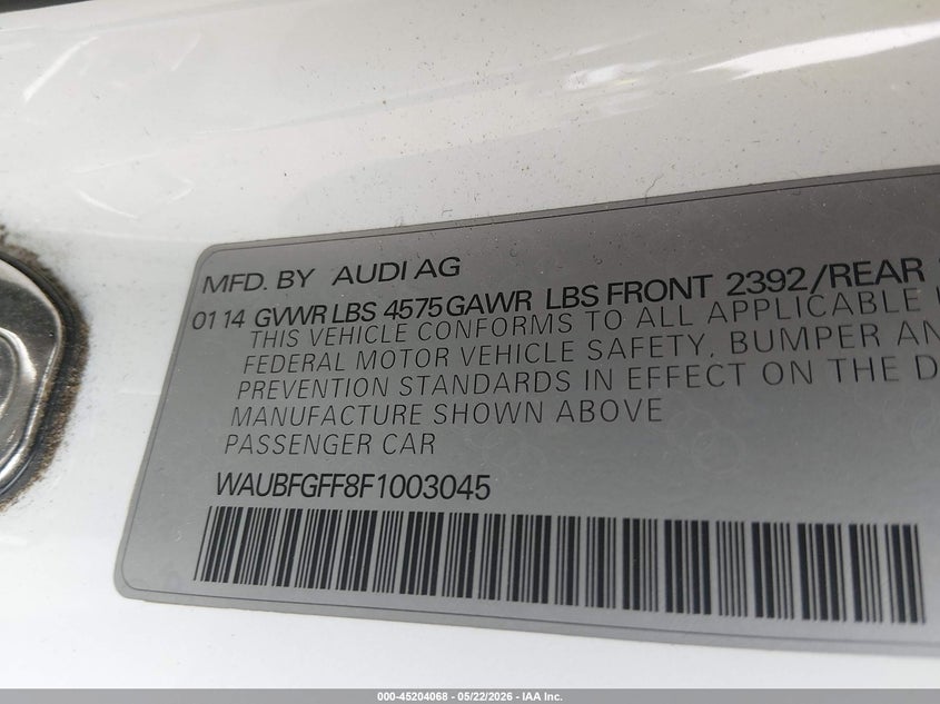 2015 Audi A3 VIN WAUBFGFF8F1003045 IAAI salvage auction — NORMAL WEAR, Clear (Virginia), sold $550 on 2026-07-23 (photo 9)