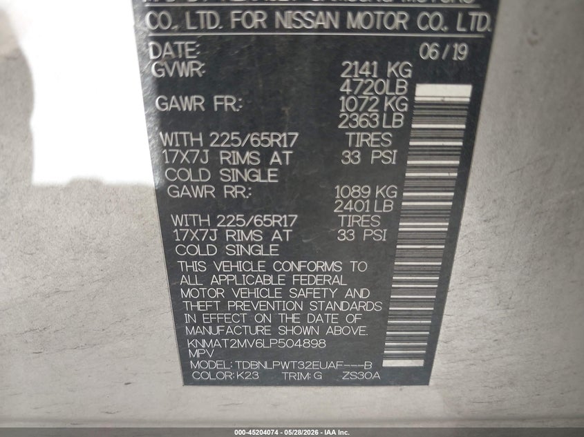 2020 Nissan Rogue VIN KNMAT2MV6LP504898 IAAI salvage auction — LEFT FRONT, Original (Texas), sold $2,750 on 2026-07-29 (photo 9)