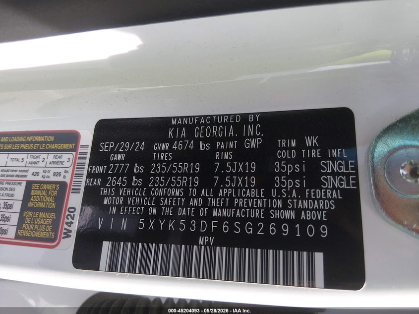 2025 Kia Sportage VIN 5XYK53DF6SG269109 IAAI salvage auction — FRONT END, Salvage Title, sold $13,050 on 2026-07-21 (photo 9)