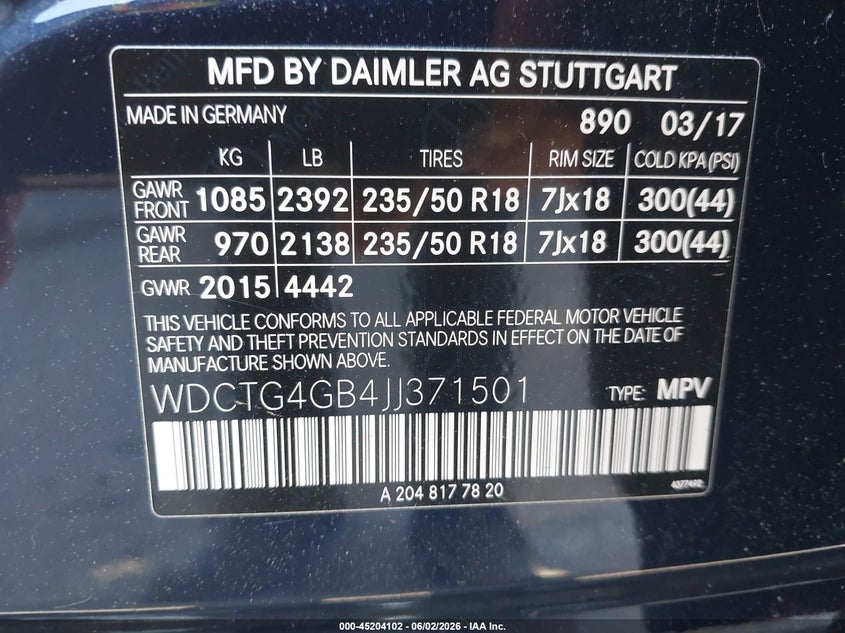 2018 Mercedes-benz Gla-klasse VIN WDCTG4GB4JJ371501 IAAI salvage auction — FRONT & REAR, Salvage Title, sold $4,300 on 2026-08-11 (photo 9)