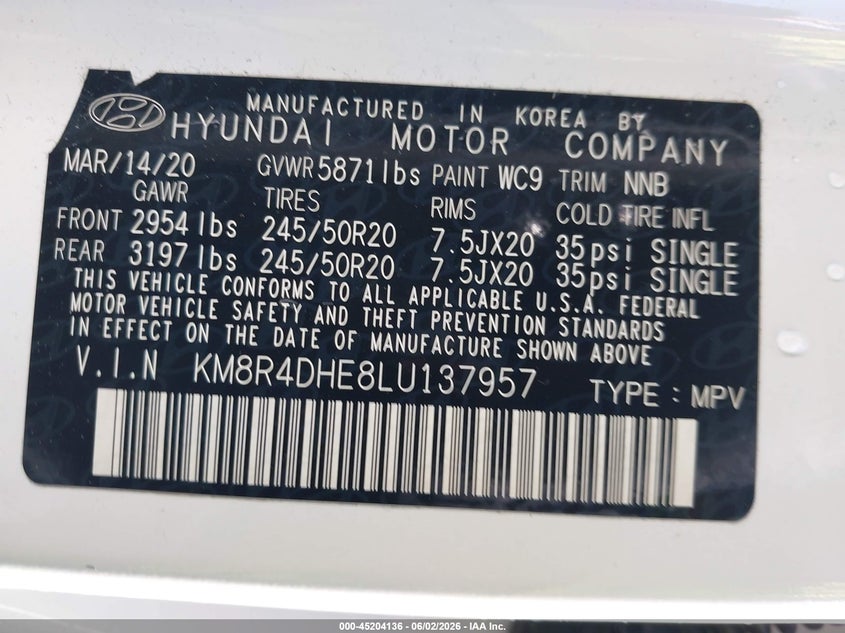 2020 Hyundai Palisade VIN KM8R4DHE8LU137957 IAAI salvage auction — RIGHT FRONT, Salvage Title, sold $5,400 on 2026-07-09 (photo 9)