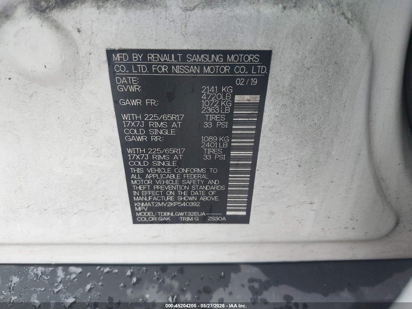 2019 Nissan Rogue VIN KNMAT2MV2KP540392 IAAI salvage auction — RIGHT SIDE, Original (Texas), sold $2,900 on 2026-07-29 (photo 9)