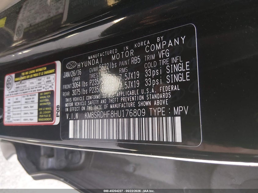 2017 Hyundai Santa fe VIN KM8SRDHF8HU176809 IAAI salvage auction — LEFT & RIGHT, Clear (Colorado), sold $2,350 on 2026-07-28 (photo 9)
