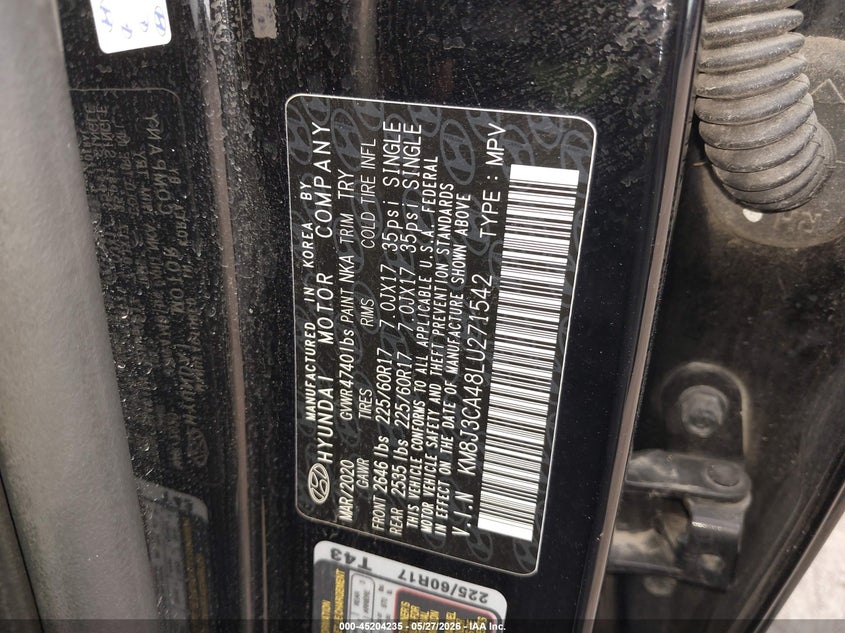 2020 Hyundai Tucson VIN KM8J3CA48LU271542 IAAI salvage auction — SIDE, Salvage Title, sold $4,050 on 2026-07-22 (photo 9)
