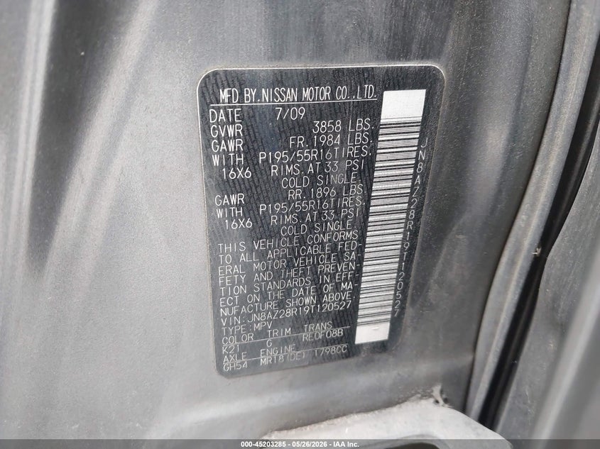 2009 Nissan Cube VIN JN8AZ28R19T120527 IAAI salvage auction — LEFT FRONT, Salvage (Illinois), sold $200 on 2026-07-21 (photo 9)