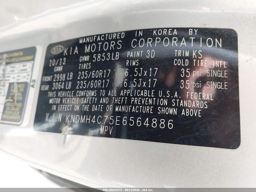 2014 Kia SEDONA VIN KNDMH4C75E6564886 IAAI salvage auction — NORMAL WEAR, Original (Kentucky), sold $625 on 2026-07-29 (photo 9)