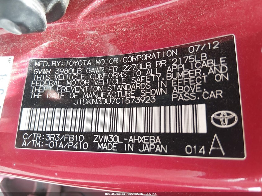 2012 Toyota Prius VIN JTDKN3DU7C1573923 IAAI salvage auction — FRONT END, Salvage (South Carolina), sold $825 on 2026-07-14 (photo 9)