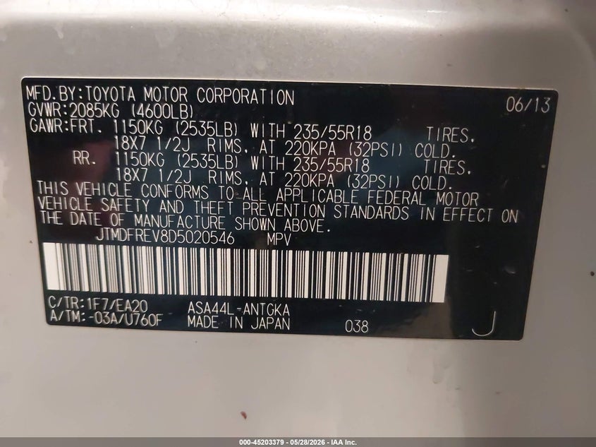 2013 Toyota Rav 4 VIN JTMDFREV8D5020546 IAAI salvage auction — FRONT END, Salvage Title, sold $3,100 on 2026-08-02 (photo 9)
