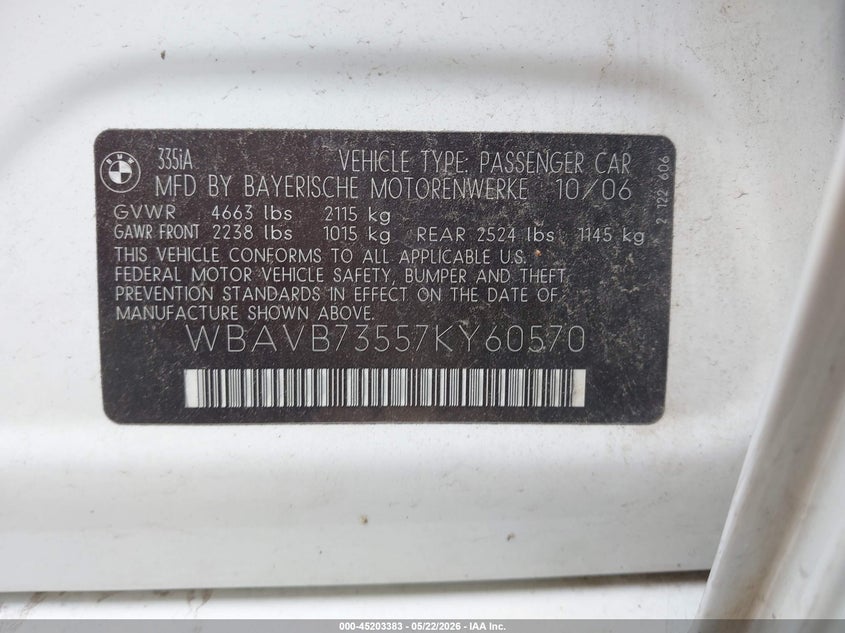 2007 BMW 3 series VIN WBAVB73557KY60570 IAAI salvage auction — NORMAL WEAR, Clear (Missouri), sold $750 on 2026-07-15 (photo 9)