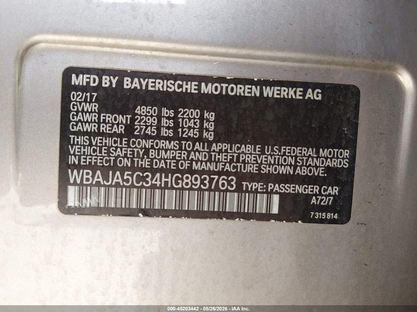2017 BMW 5er VIN WBAJA5C34HG893763 IAAI salvage auction — RIGHT REAR, Rebuildable (Florida), sold $7,500 on 2026-07-07 (photo 9)