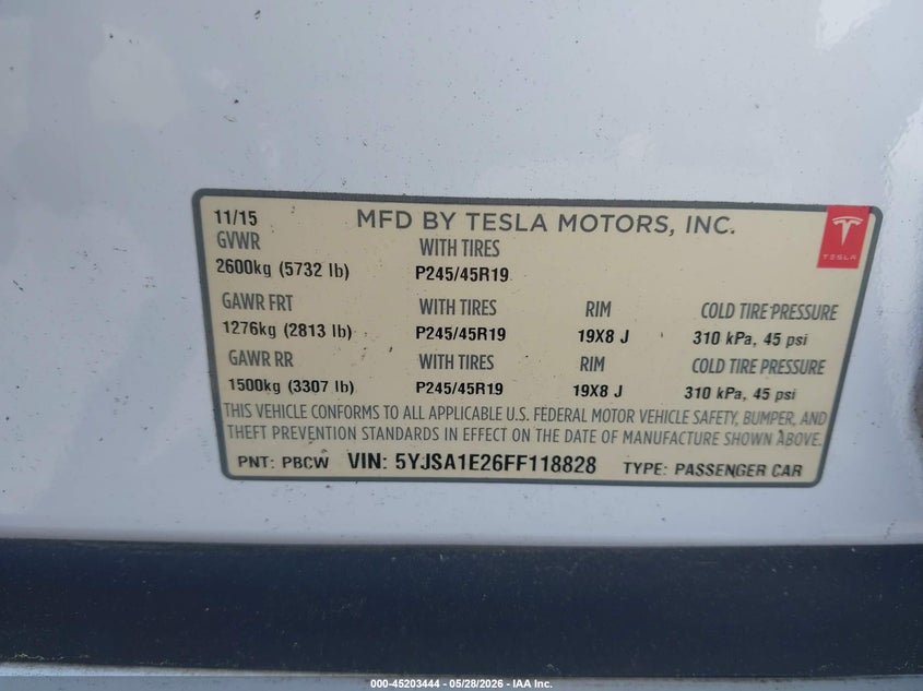 2015 Tesla Model s VIN 5YJSA1E26FF118828 IAAI salvage auction — FRONT END, Salvage (Pennsylvania), sold $400 on 2026-07-30 (photo 9)