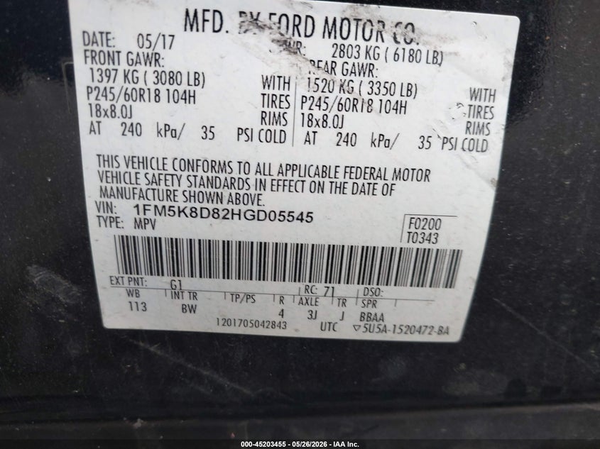 2017 Ford Explorer VIN 1FM5K8D82HGD05545 IAAI salvage auction — ROLLOVER, Non-Repairable (Maryland), sold $575 on 2026-07-25 (photo 9)