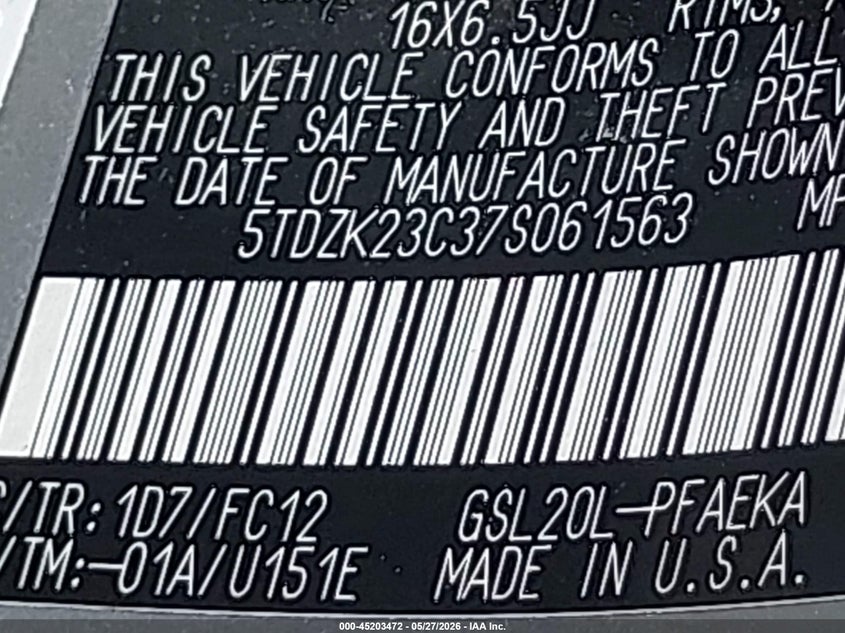 2007 Toyota Sienna VIN 5TDZK23C37S061563 IAAI salvage auction — FRONT & REAR, Mv-907A (New York), sold $700 on 2026-07-07 (photo 9)