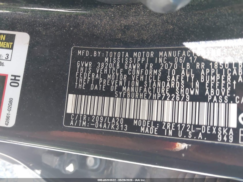 2017 Toyota Corolla VIN 5YFBURHE7HP722679 IAAI salvage auction — FRONT END, Clear (Wisconsin), sold $3,575 on 2026-07-28 (photo 9)