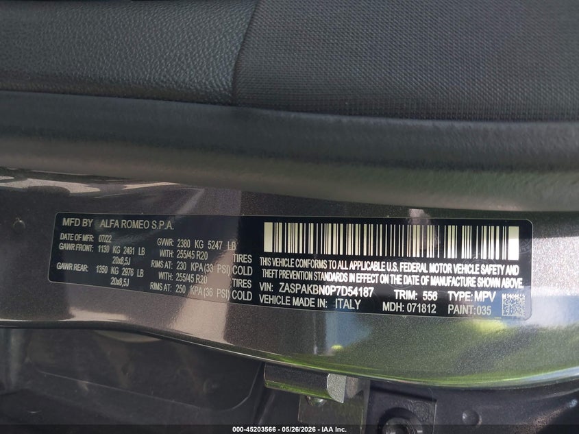 2023 Alfa romeo Stelvio VIN ZASPAKBN0P7D54187 IAAI salvage auction — REAR END, Mv-907A (New York), sold $13,325 on 2026-07-07 (photo 9)