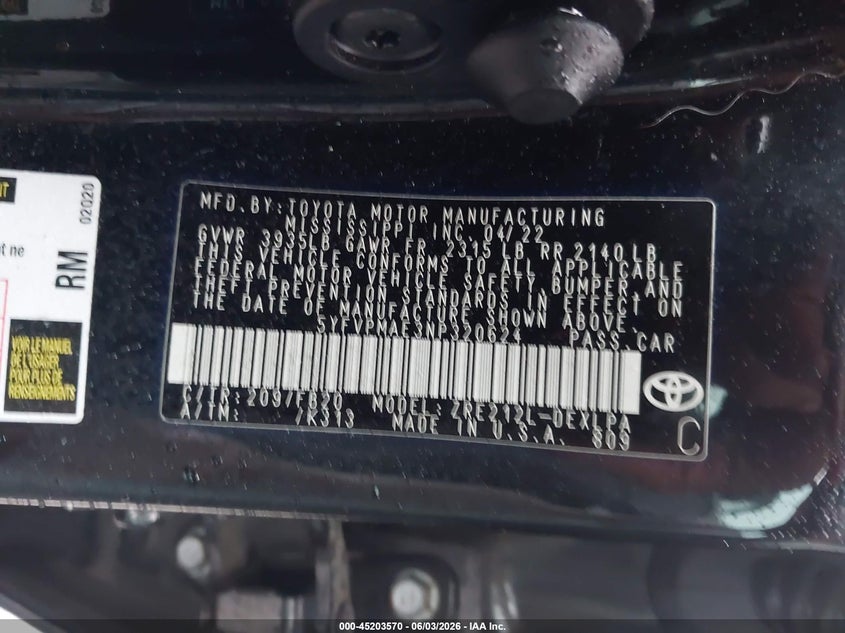 2022 Toyota Corolla VIN 5YFVPMAE3NP320624 IAAI salvage auction — RIGHT SIDE, Salvage (Texas), sold $3,050 on 2026-07-22 (photo 9)