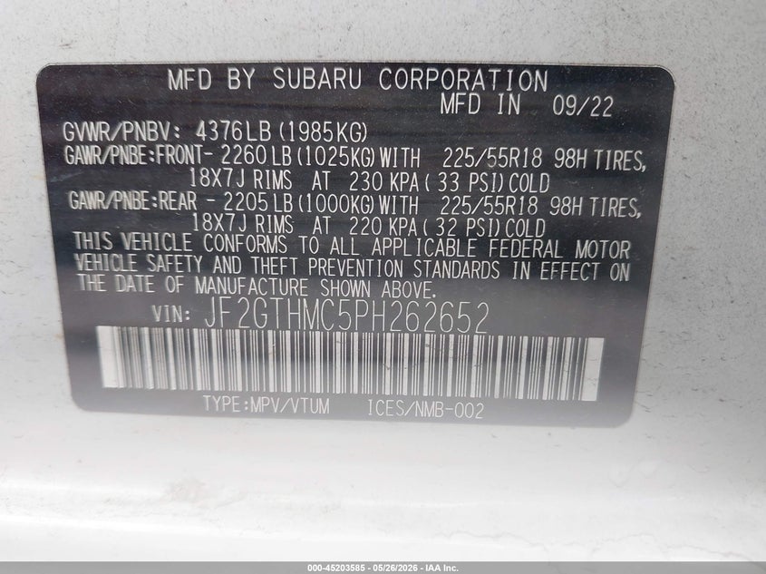 2023 Subaru Xv VIN JF2GTHMC5PH262652 IAAI salvage auction — RIGHT FRONT, Wait Title, sold $14,600 on 2026-08-26 (photo 9)