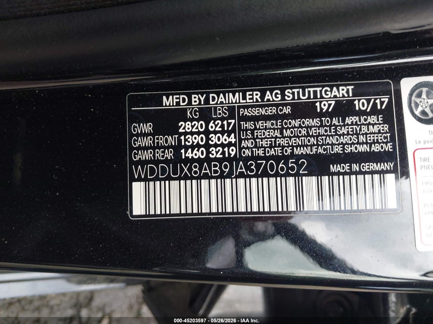 2018 Mercedes-benz VIN WDDUX8AB9JA370652 IAAI salvage auction — LEFT FRONT, Salvage (Georgia), sold $24,900 on 2026-07-20 (photo 9)