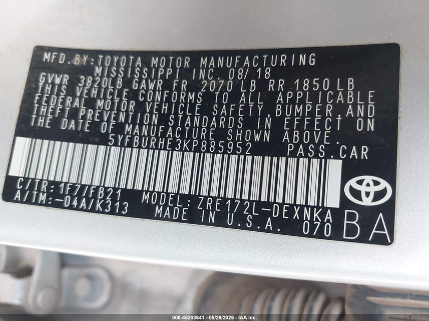2019 Toyota Corolla VIN 5YFBURHE3KP885952 IAAI salvage auction — FRONT & REAR, Salvage (Texas), sold $1,100 on 2026-07-16 (photo 9)