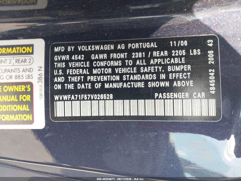 2007 Volkswagen Eos VIN WVWFA71F57V026528 IAAI salvage auction — FRONT END, Salvage (Connecticut), sold $400 on 2026-08-06 (photo 9)