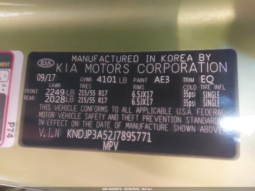 2018 Kia Soul VIN KNDJP3A52J7895771 IAAI salvage auction — FRONT & REAR, Clear (Michigan), sold $1,700 on 2026-07-21 (photo 9)