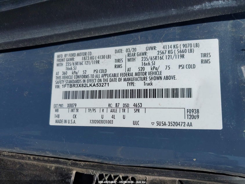 2020 Ford Transit-250 VIN 1FTBR3X82LKA53271 IAAI salvage auction — SIDE, Salvage (Tennessee), sold $7,525 on 2026-07-16 (photo 9)