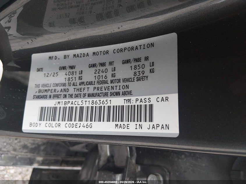 2026 Mazda 3 VIN JM1BPACL5T1863651 IAAI salvage auction — FRONT END, Salvage (Kentucky), sold $1,825 on 2026-07-29 (photo 9)