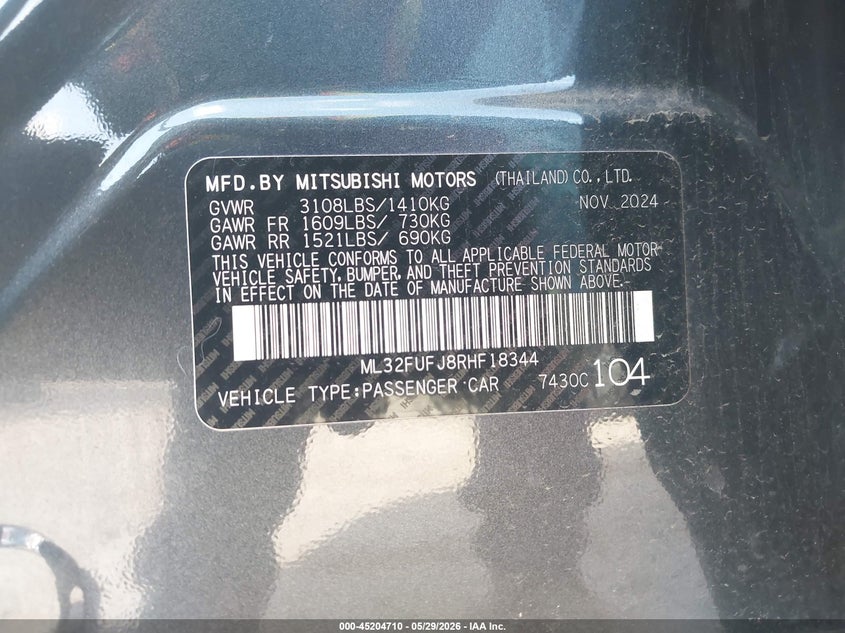 2024 Mitsubishi Mirage VIN ML32FUFJ8RHF18344 IAAI salvage auction — REAR END, Original (Texas), sold $2,550 on 2026-07-29 (photo 9)