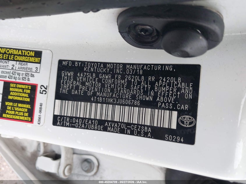 2018 Toyota Camry VIN 4T1B11HK3JU606786 IAAI salvage auction — FRONT END, Salvage Title, sold $4,500 on 2026-07-23 (photo 9)
