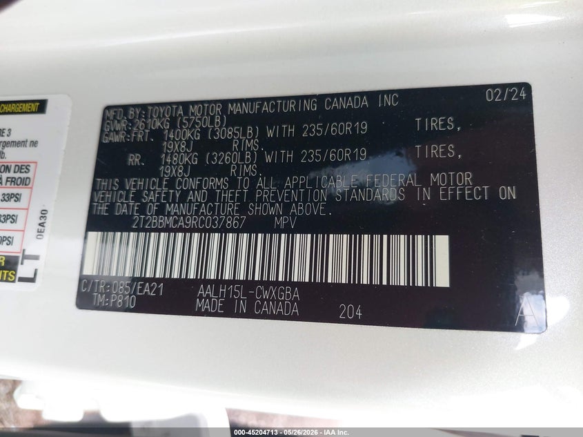 2024 Lexus Rx VIN 2T2BBMCA9RC037867 IAAI salvage auction — FRONT & REAR, Salvage (Alabama), sold $14,100 on 2026-07-30 (photo 9)