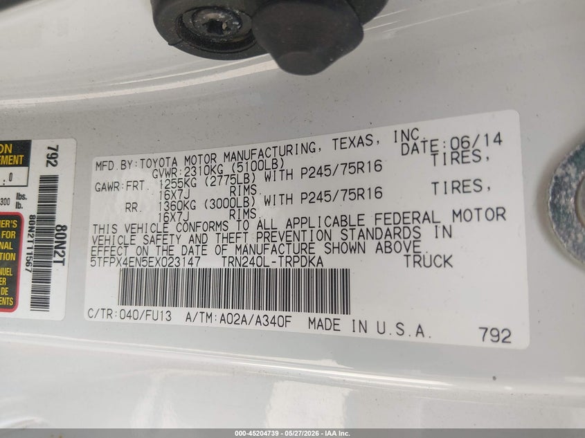 2014 Toyota Tacoma VIN 5TFPX4EN5EX023147 IAAI salvage auction — FRONT END, Salvage (New Hampshire), sold $1,100 on 2026-07-22 (photo 9)