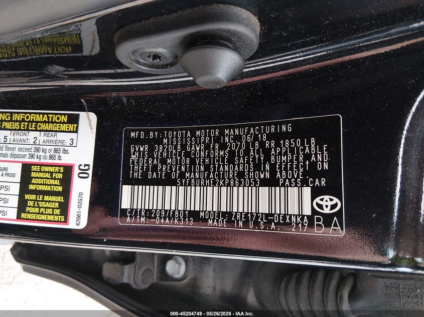 2019 Toyota Corolla VIN 5YFBURHE2KP863053 IAAI salvage auction — FRONT END, Salvage (Kentucky), sold $1,400 on 2026-07-15 (photo 9)