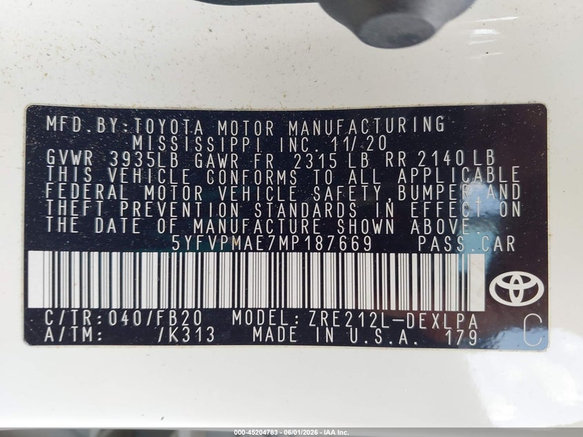 2021 Toyota Corolla VIN 5YFVPMAE7MP187669 IAAI salvage auction — HAIL, Salvage Title, sold $8,500 on 2026-07-23 (photo 9)