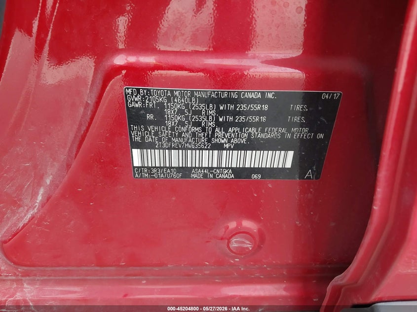 2017 Toyota Rav 4 VIN 2T3DFREV7HW635622 IAAI salvage auction — FRONT END, Salvage Title, sold $7,100 on 2026-07-09 (photo 9)
