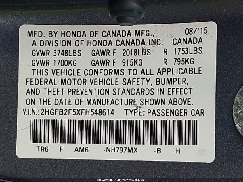 2015 Honda Civic VIN 2HGFB2F5XFH548614 IAAI salvage auction — RIGHT SIDE, Salvage Title, sold $1,200 on 2026-07-22 (photo 9)