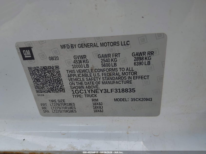 2020 Chevrolet Silverado VIN 1GC1YNEY3LF318835 IAAI salvage auction — FRONT END, Salvage (Texas), sold $8,500 on 2026-07-30 (photo 9)