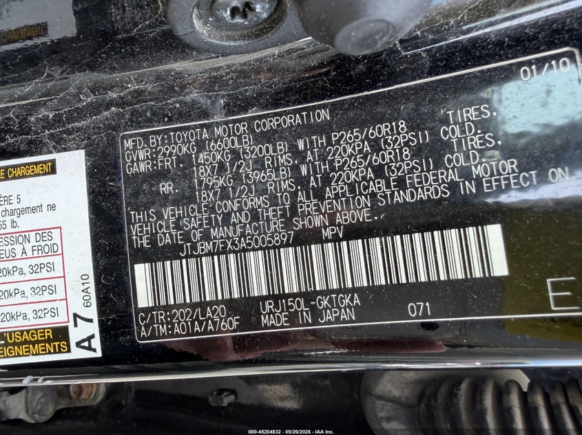 2010 Lexus Gx 460 VIN JTJBM7FX3A5005897 IAAI salvage auction — NORMAL WEAR, Original (Maine), sold $7,775 on 2026-07-08 (photo 8)