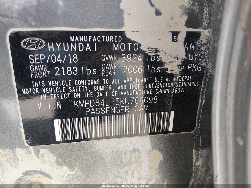 2019 Hyundai Elantra VIN KMHD84LF5KU769098 IAAI salvage auction — REAR END, Salvage Title, sold $1,800 on 2026-07-09 (photo 9)