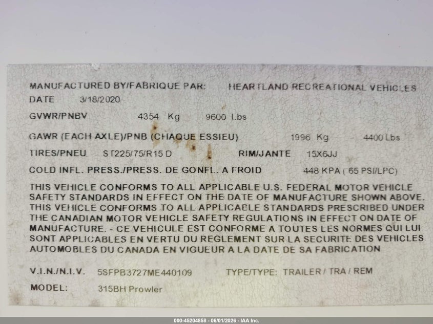 2021 Heartland rv Other VIN 5SFPB3727ME440109 IAAI salvage auction — SIDE, Salvage (Illinois), sold $1,100 on 2026-07-15 (photo 9)