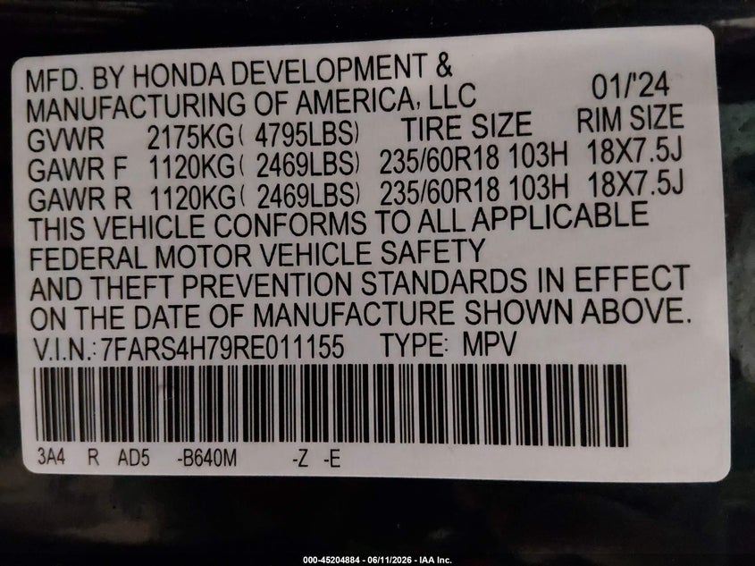 2024 Honda Cr-v VIN 7FARS4H79RE011155 IAAI salvage auction — HAIL, Salvage (Iowa), sold $18,600 on 2026-07-21 (photo 9)