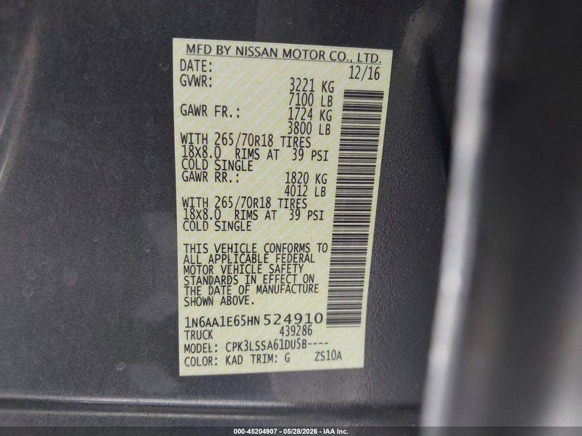 2017 Nissan TITAN VIN 1N6AA1E65HN524910 IAAI salvage auction — FRONT END, Salvage Title, sold $2,900 on 2026-07-22 (photo 9)
