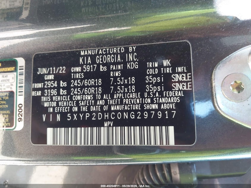 2022 Kia Telluride VIN 5XYP2DHC0NG297917 IAAI salvage auction — REAR END, Salvage Title, sold $6,000 on 2026-07-08 (photo 9)