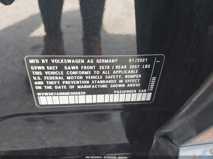 2021 Volkswagen Arteon VIN WVWSR7AN8ME006820 IAAI salvage auction — FRONT & REAR, Original (Texas), sold $6,300 on 2026-08-20 (photo 9)