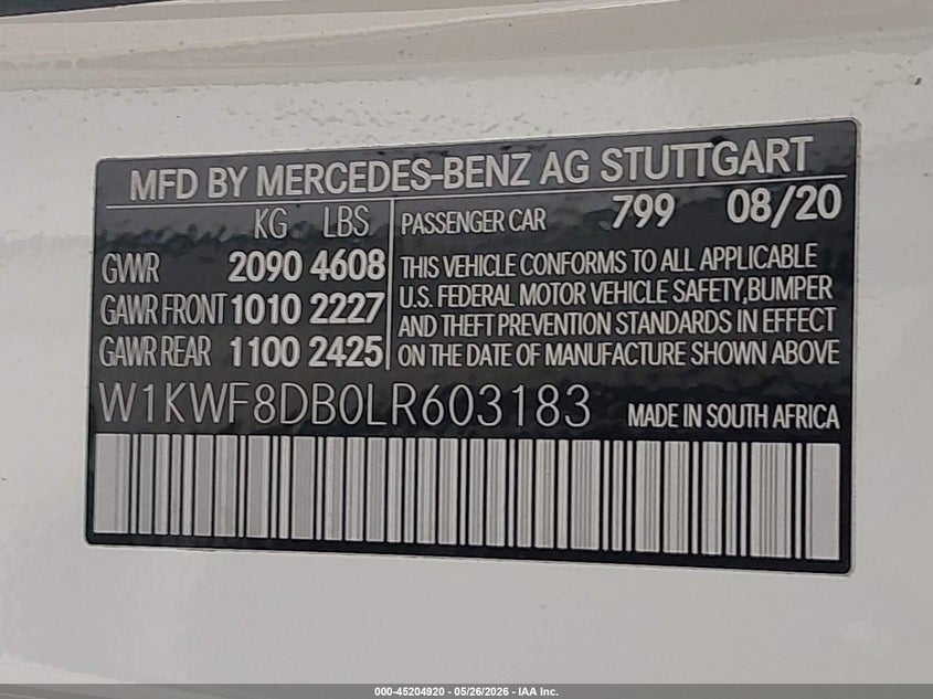 2020 Mercedes-benz C-klasse VIN W1KWF8DB0LR603183 IAAI salvage auction — FRONT END, Original (Texas), sold $12,300 on 2026-07-29 (photo 9)