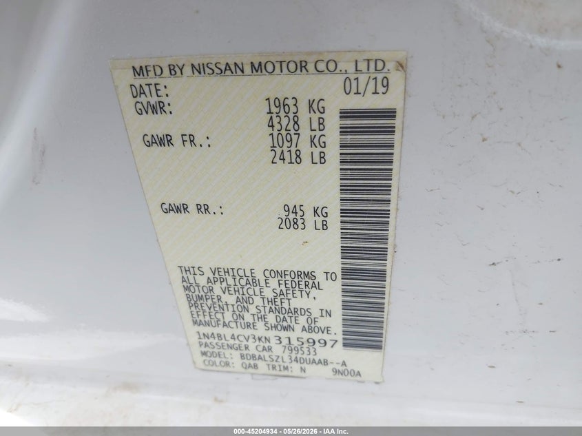 2019 Nissan Altima VIN 1N4BL4CV3KN315997 IAAI salvage auction — SIDE, Wait Title, sold $3,200 on 2026-08-20 (photo 9)
