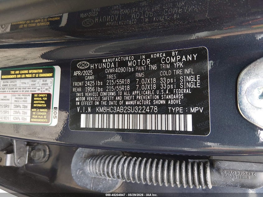 2025 Hyundai Kona VIN KM8HC3AB2SU322478 IAAI salvage auction — REAR END, Clear (South Carolina), sold $5,100 on 2026-07-28 (photo 9)