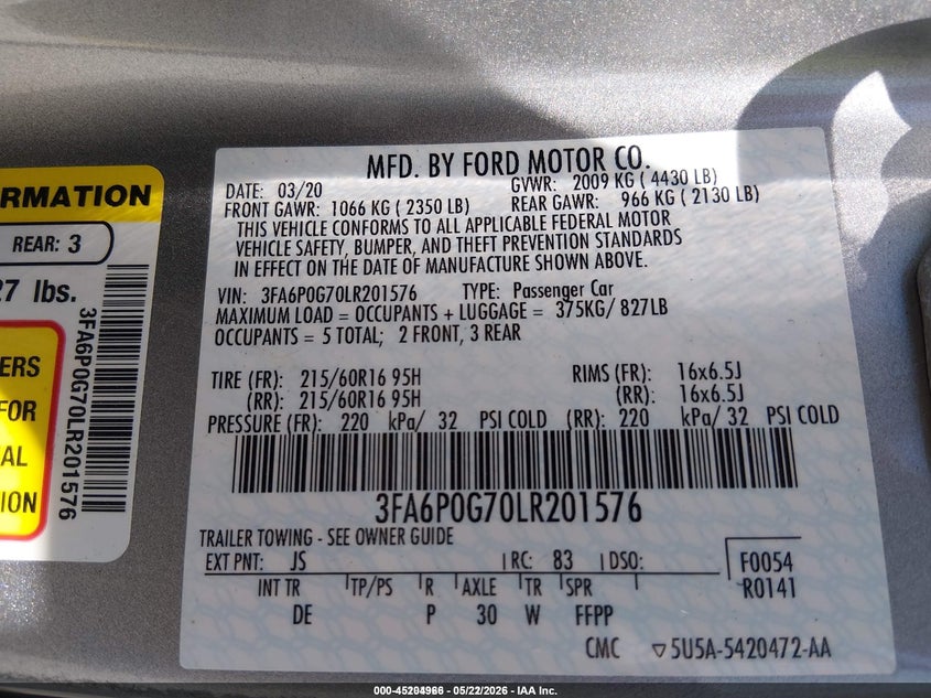 2020 Ford Fusion VIN 3FA6P0G70LR201576 IAAI salvage auction — NORMAL WEAR, Sf97 (New York), sold $7,200 on 2026-07-27 (photo 9)