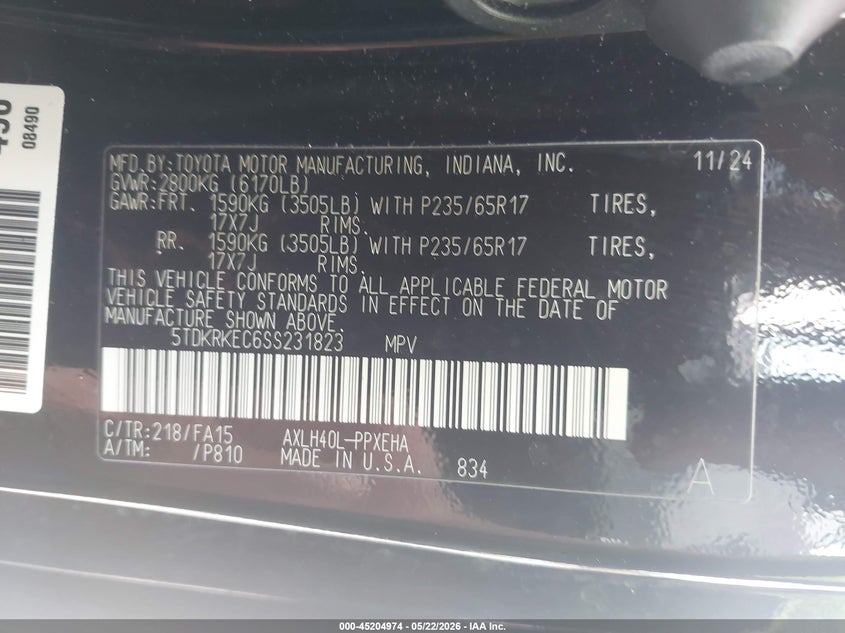 2025 Toyota Sienna VIN 5TDKRKEC6SS231823 IAAI salvage auction — FRONT END, Certificate Of Destruction (Florida), sold $4,950 on 2026-07-15 (photo 9)
